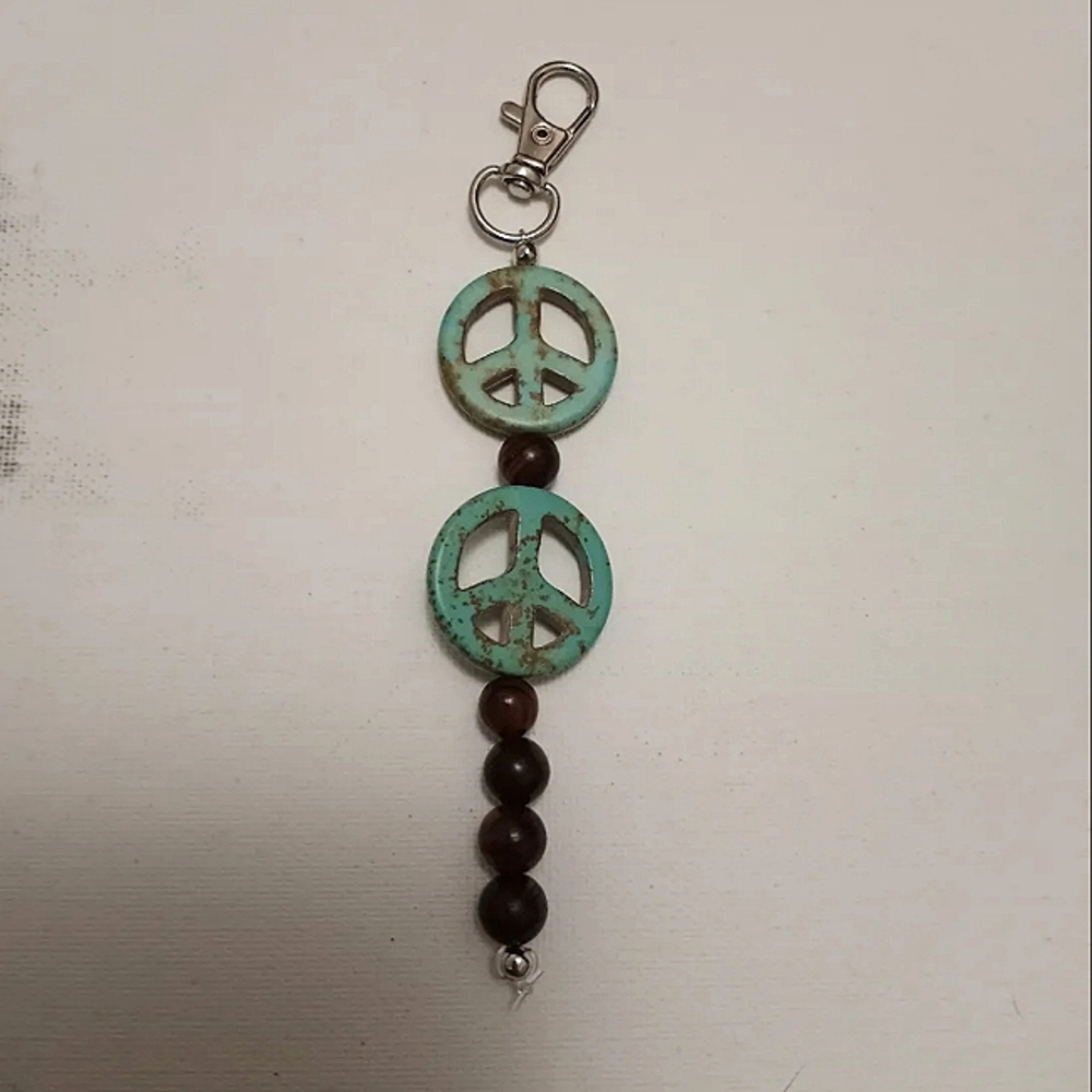 Personally Handmade Keychain With Peace Signs & Wooden Beads